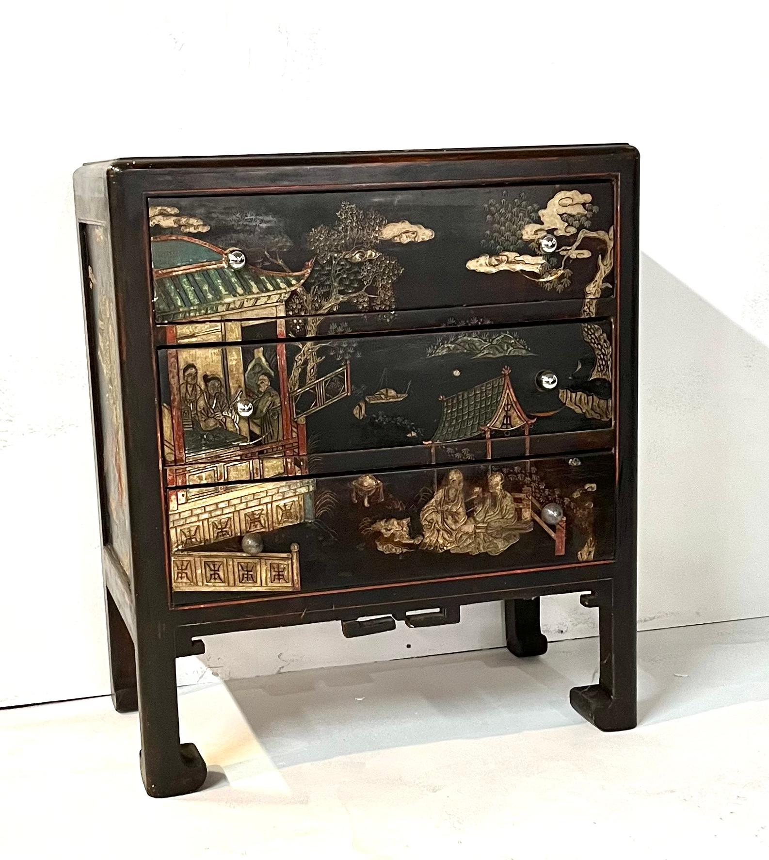 Wood Chinese Chest of Drawers Lacqua Decorated Animated Llandscape and Characters