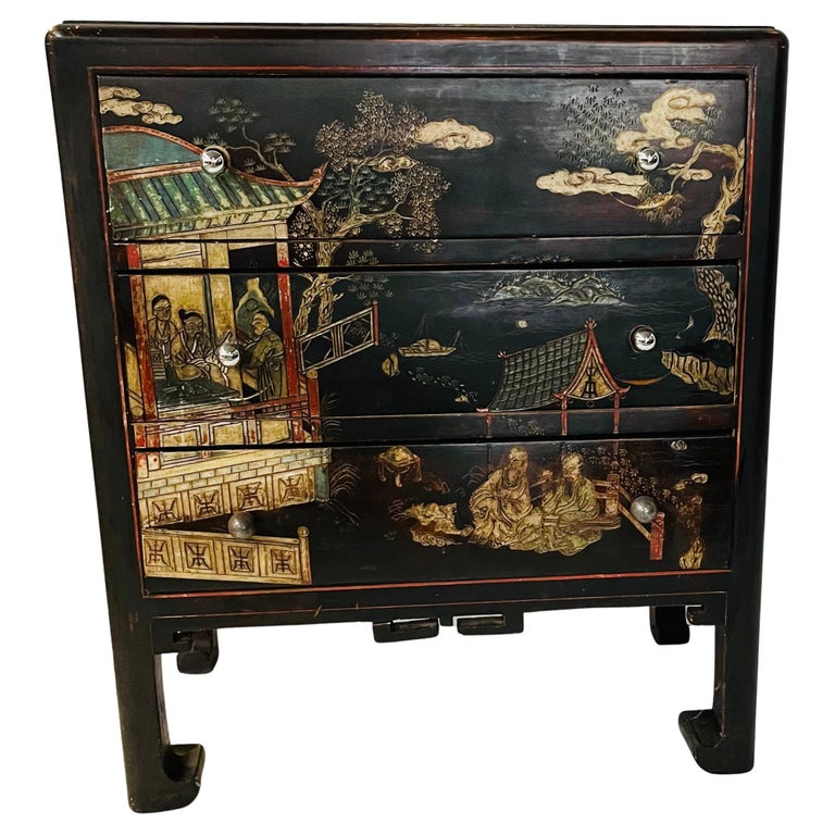 Chinese Chest of Drawers Lacqua Decorated Animated Llandscape and