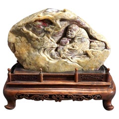 Antique Chinese Chicken Blood Stone Carving of Bodhidharma on Wood Stand
