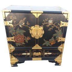 Antique Lacquered Chinese Chinoiserie Cabinet w/ Brass and Painted Accents