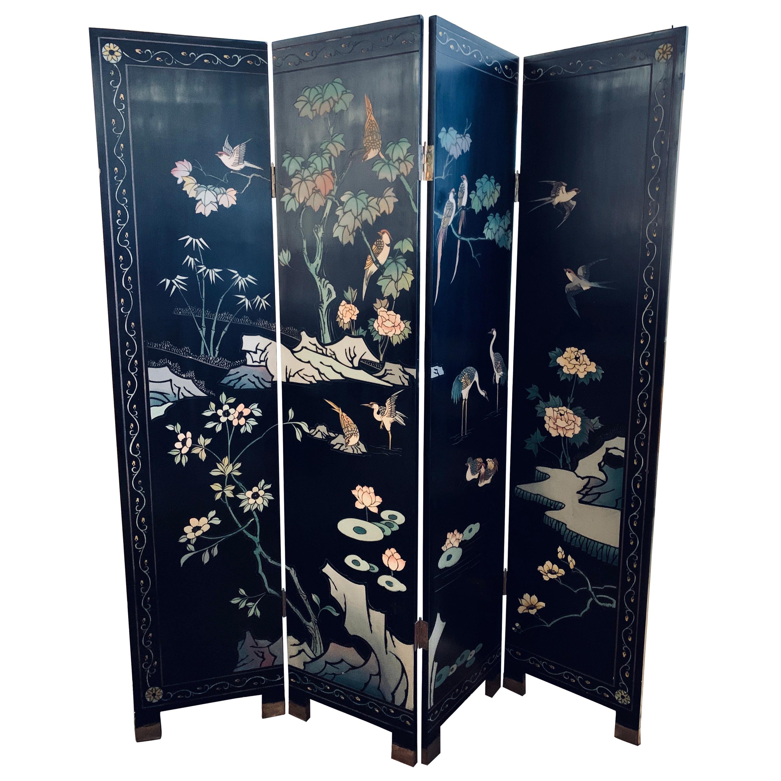 Chinese Chinoiserie Black Lacquer Four-Panel Folding Screen Room Divider