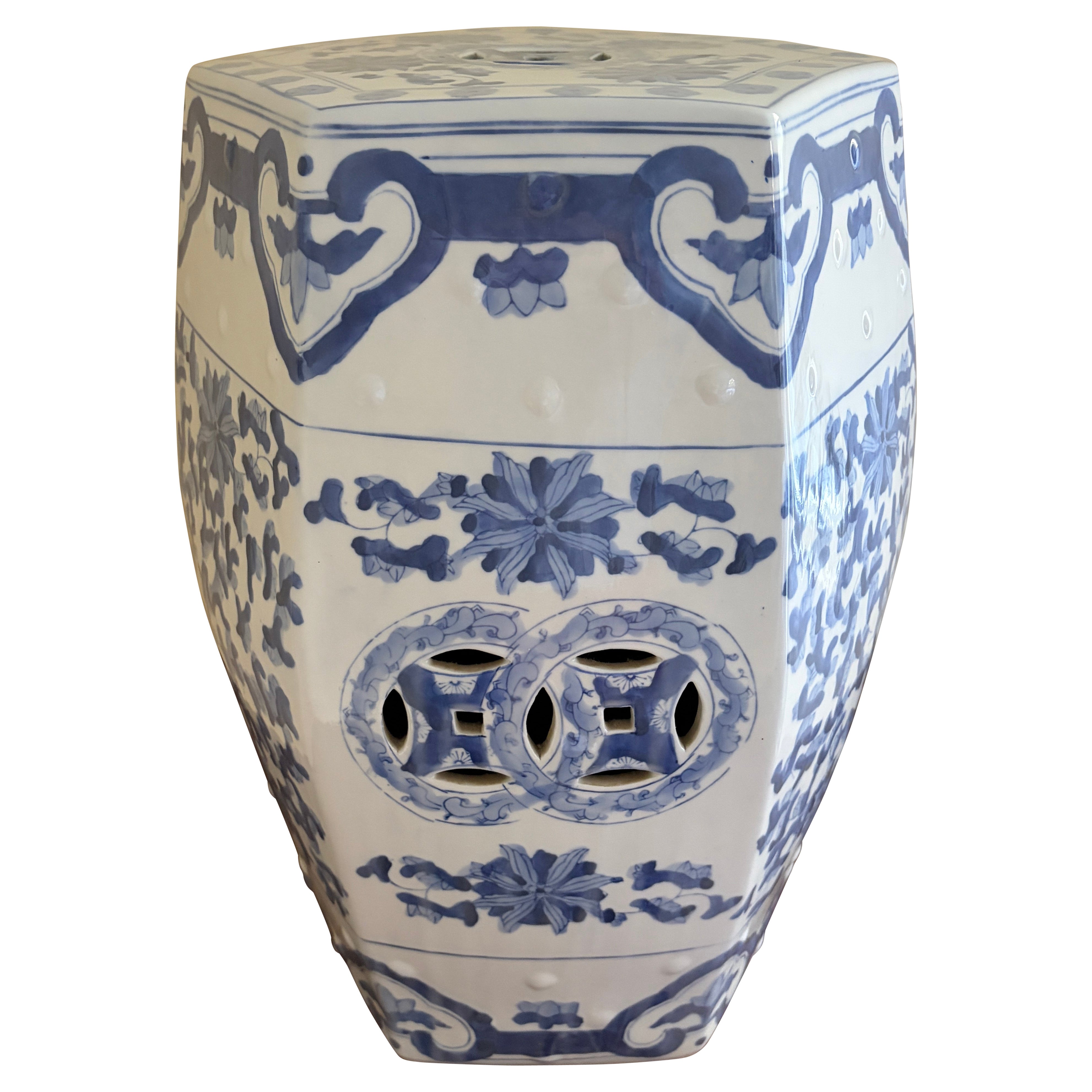 Tabouret de jardin en porcelaine bleue et blanche de Chinoiserie, fin du 20e siècle