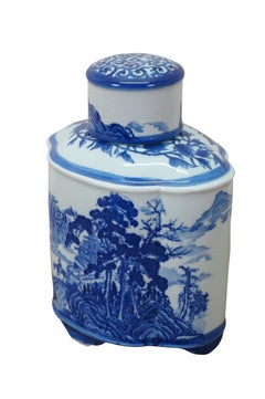 Chinese Chinoiserie Blue & White Pagoda Mountain Landscape Tea Caddy 11"