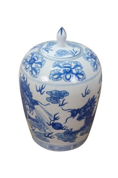 Chinese Chinoiserie Blue & White Porcelain Dragon Ginger Jar Mantel Vase Urn 11"