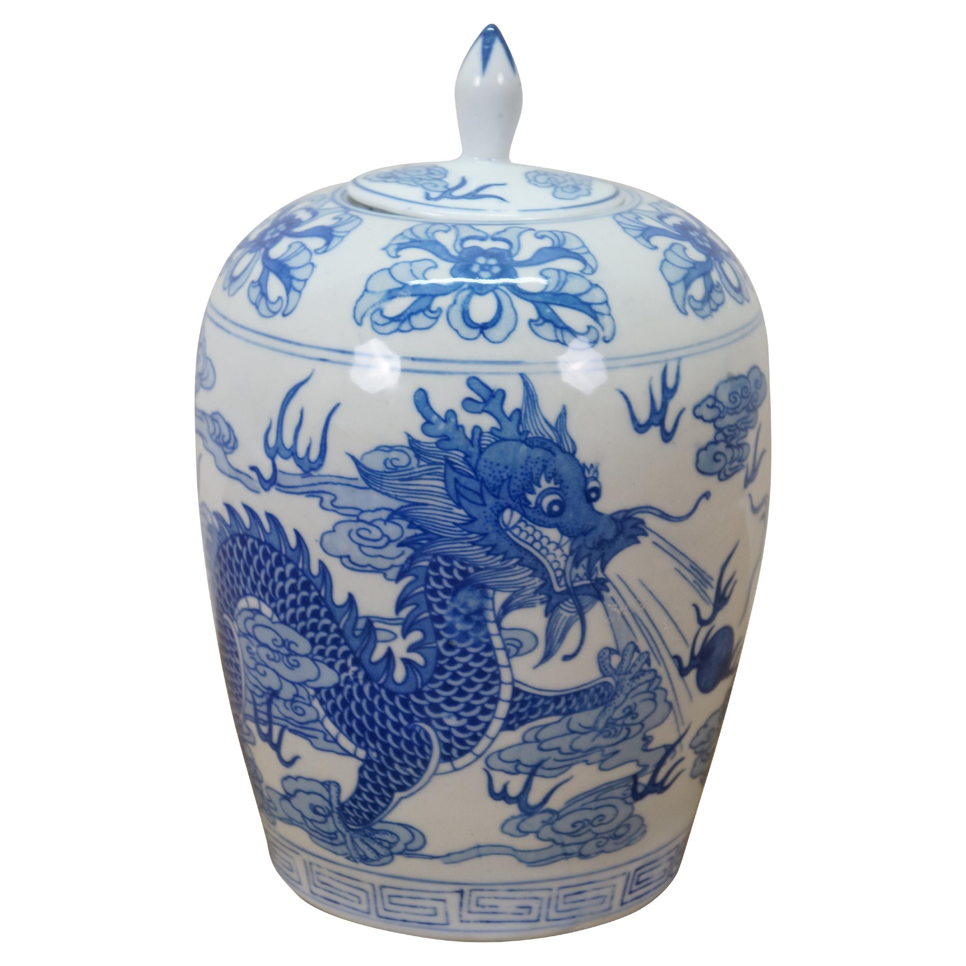 Vaso da camino in porcellana cinese Chinoiserie Blue & White Dragon Ginger Jar Urn 11"