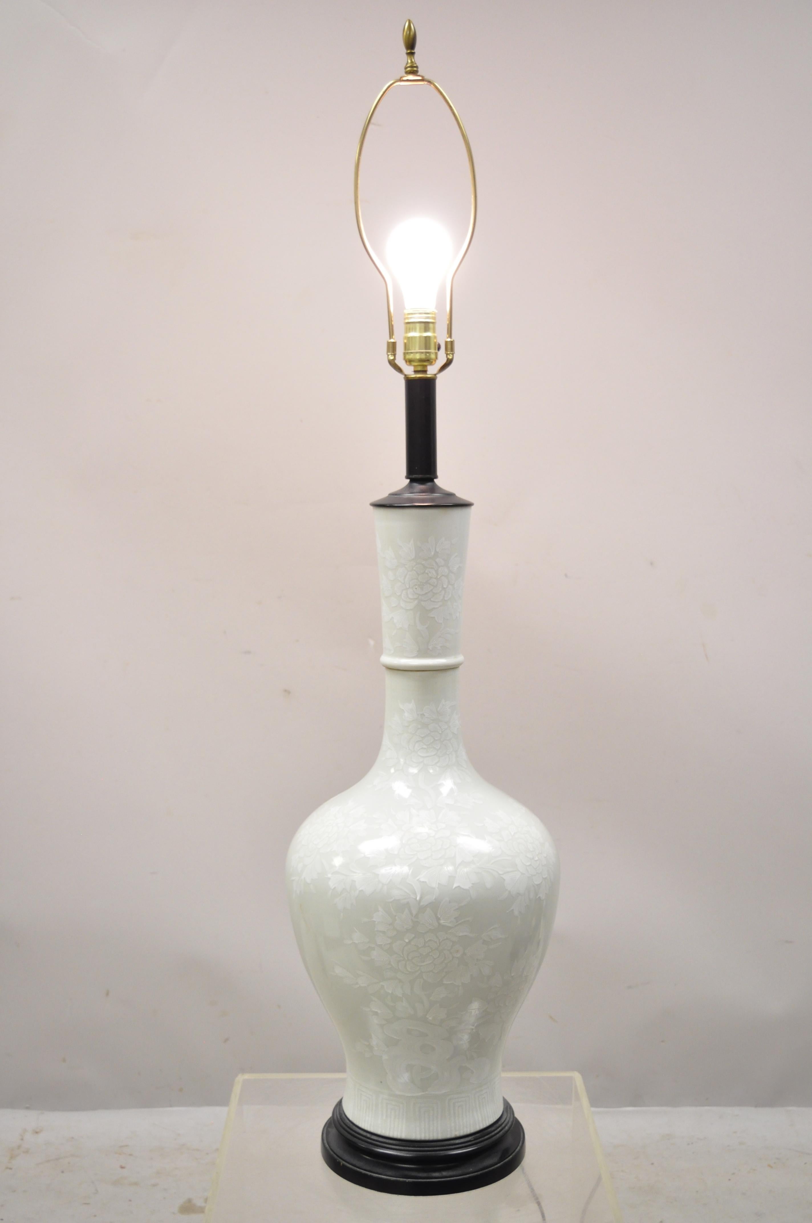 Chinese Chinoiserie Bulbous Porcelain Jardinière Gray Ceramic Large Table Lamp 6