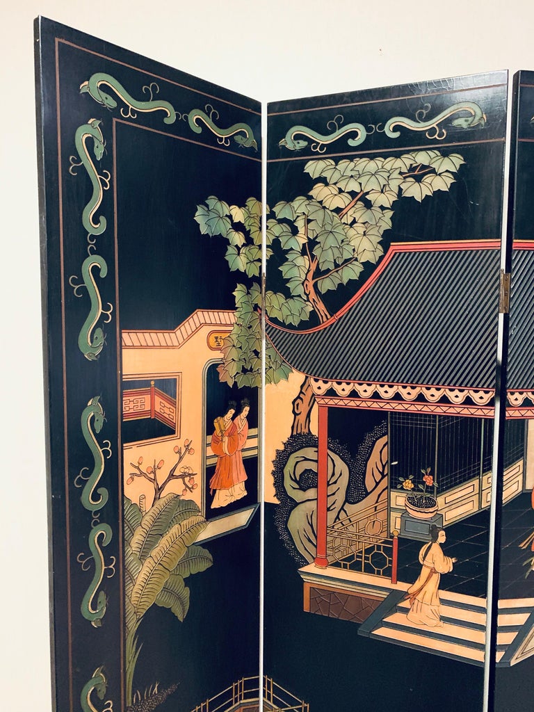 Wood Chinese Chinoiserie Carved Expandable Four Panel Screen Room Divider For Sale