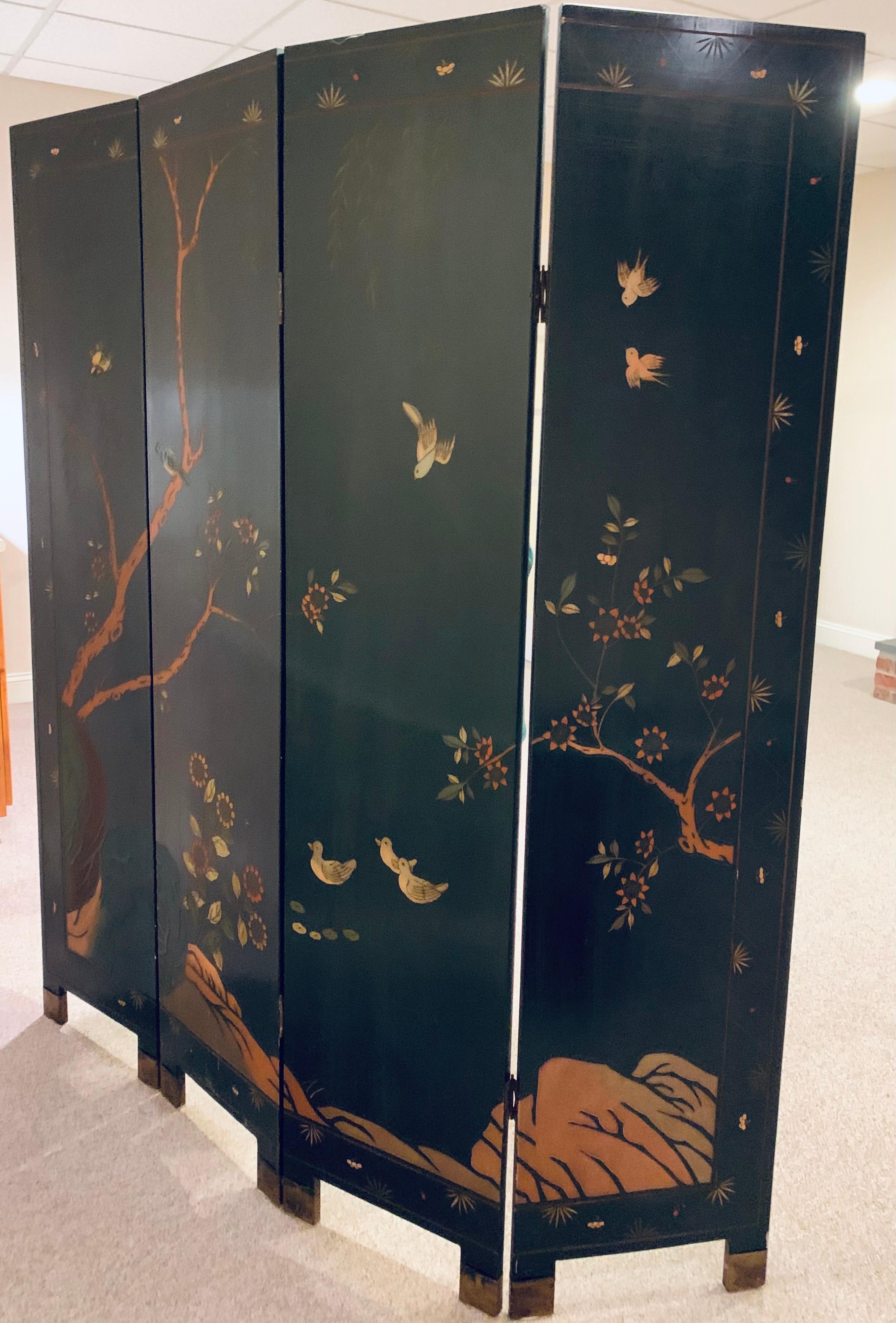 Wood Chinese Chinoiserie Carved Expandable Four Panel Screen Room Divider