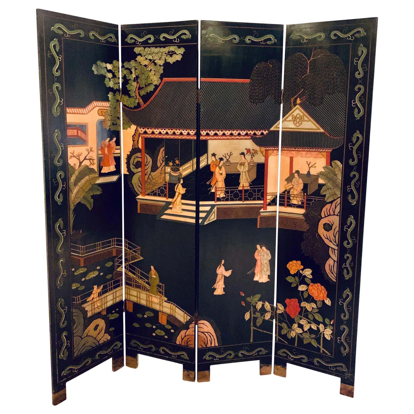 Chinese Chinoiserie Carved Expandable Four Panel Screen Room Divider at ...