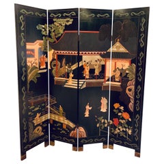 Chinese Chinoiserie Carved Expandable Four Panel Screen Room Divider