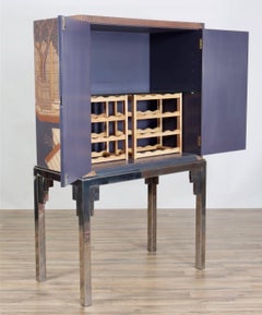 Chinese Chinoiserie Coromandel Gold Gilt Bar Cabinet on Chrome Stand