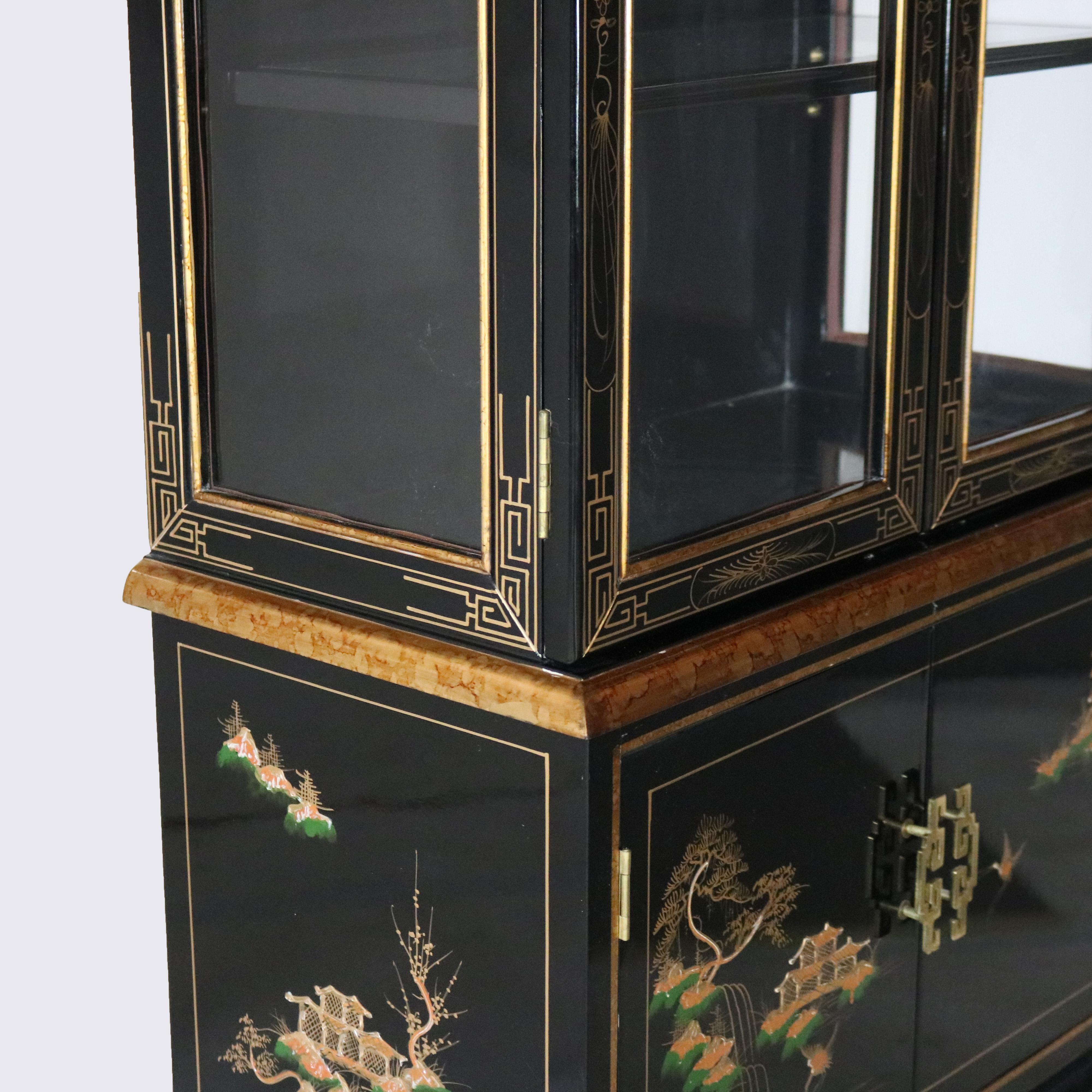 Chinese Chinoiserie Decorated, Black Lacquered & Lighted China Cabinet C1950 5