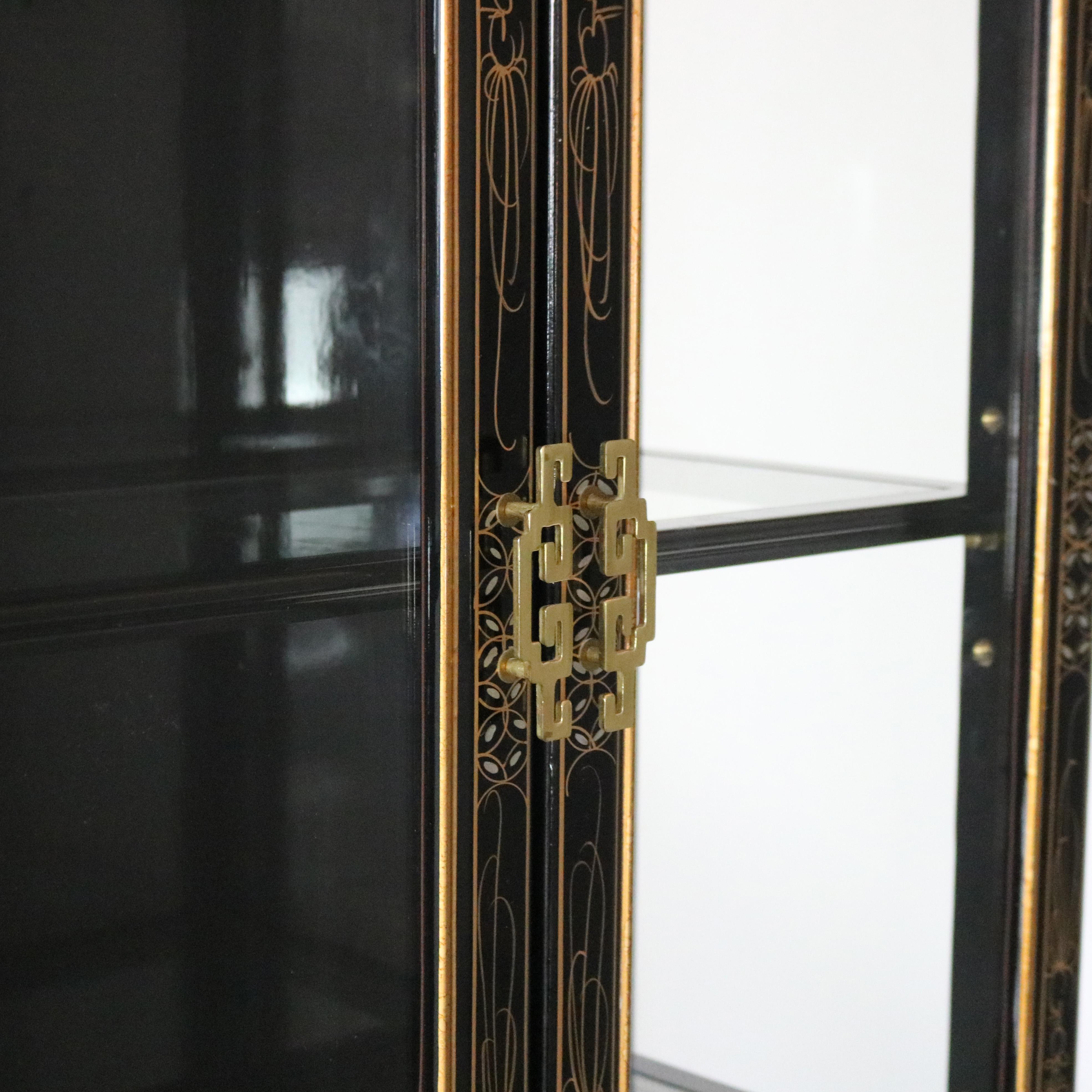 Chinese Chinoiserie Decorated, Black Lacquered & Lighted China Cabinet C1950 6