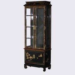 Chinese Chinoiserie Decorated, Black Lacquered & Lighted China Cabinet C1950