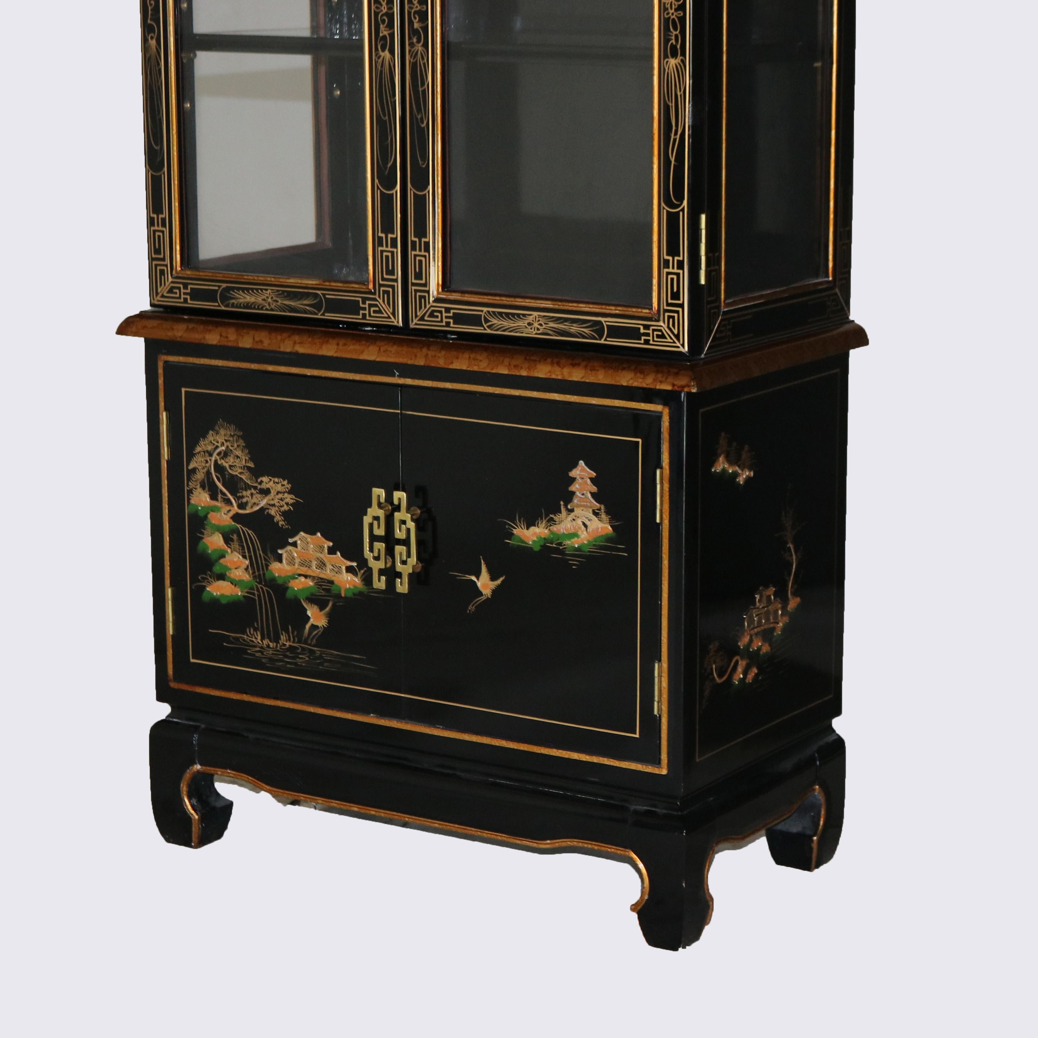 Chinese Chinoiserie Decorated, Black Lacquered & Lighted China Cabinet C1950 In Good Condition In Big Flats, NY