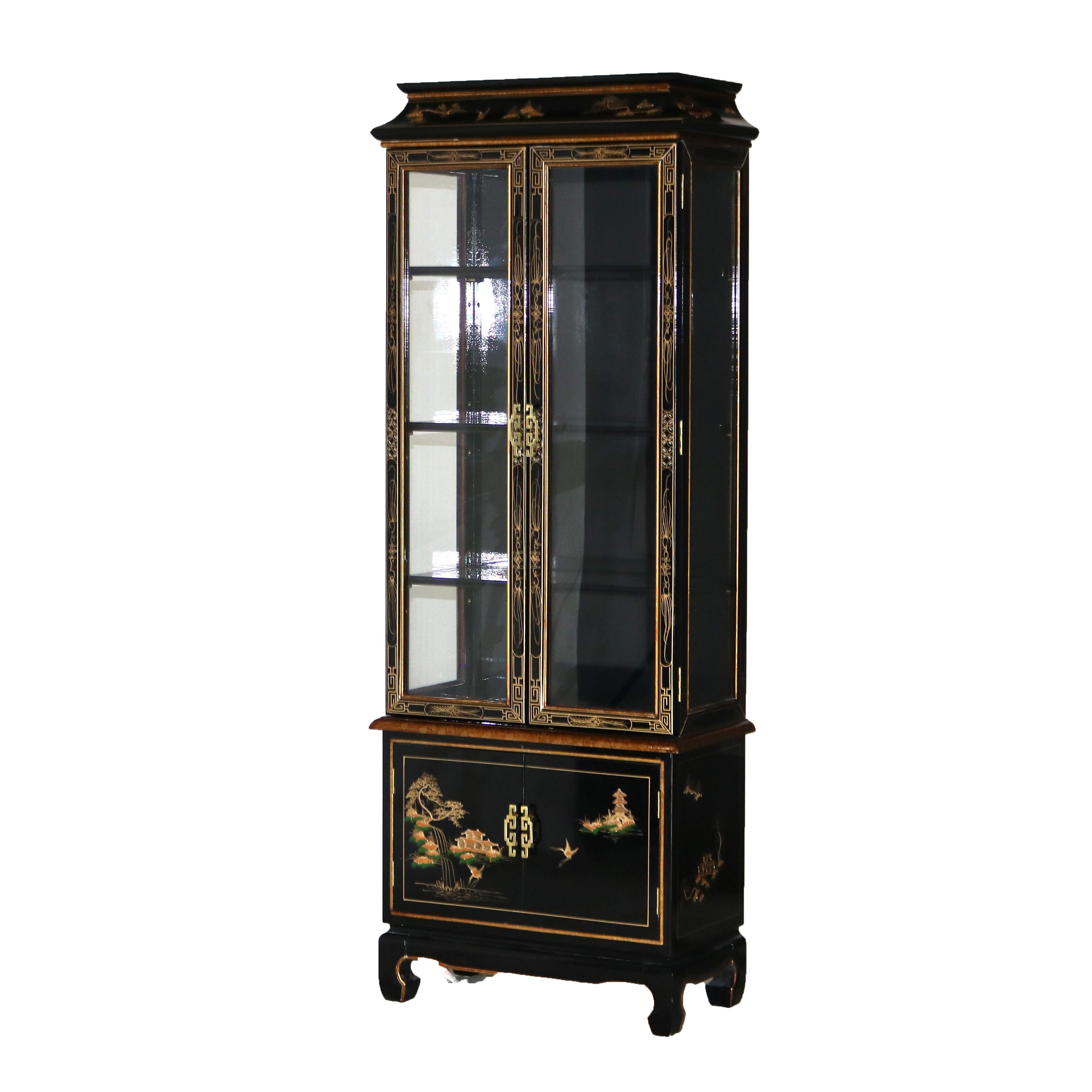 20th Century Chinese Chinoiserie Decorated, Black Lacquered & Lighted China Cabinet C1950