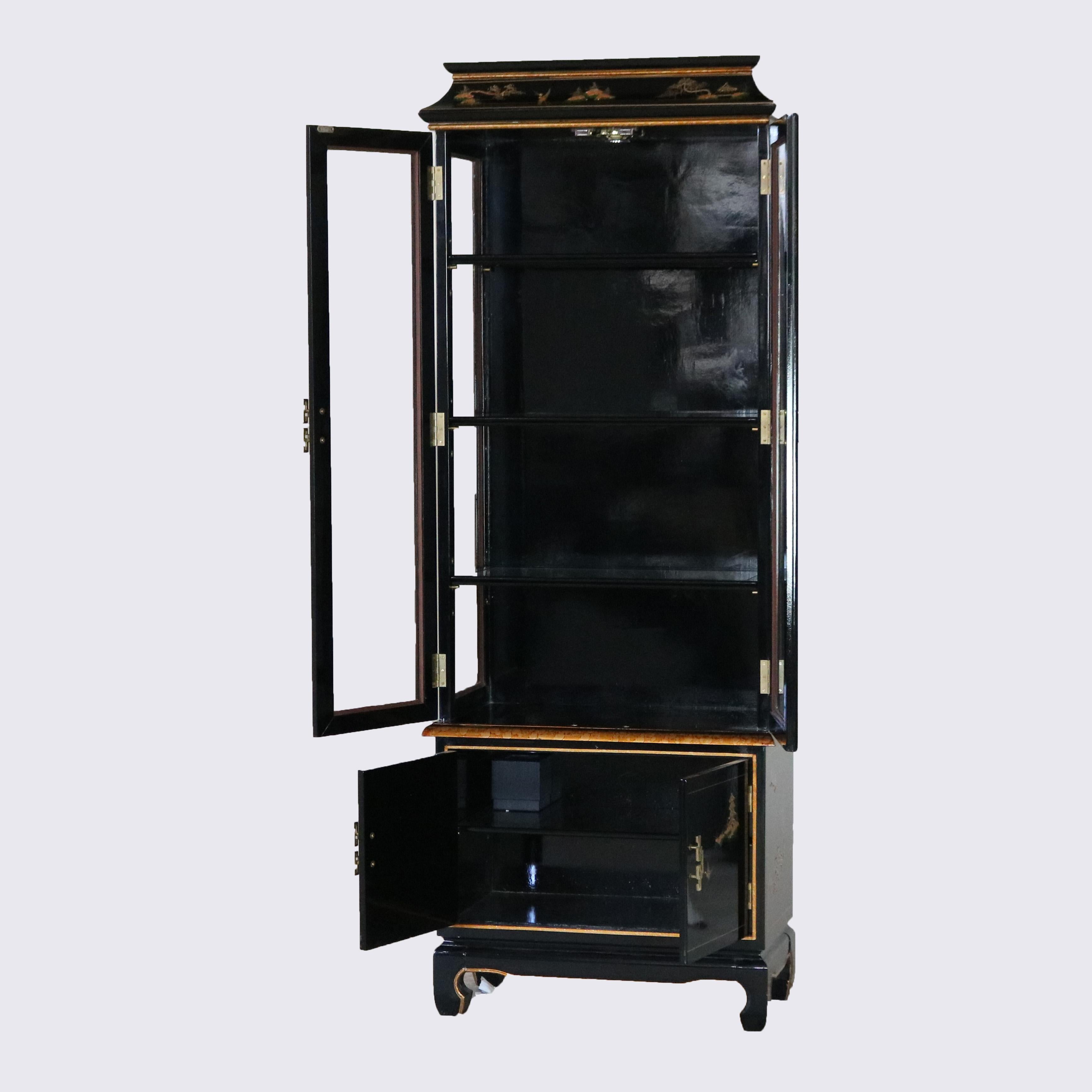 Glass Chinese Chinoiserie Decorated, Black Lacquered & Lighted China Cabinet C1950