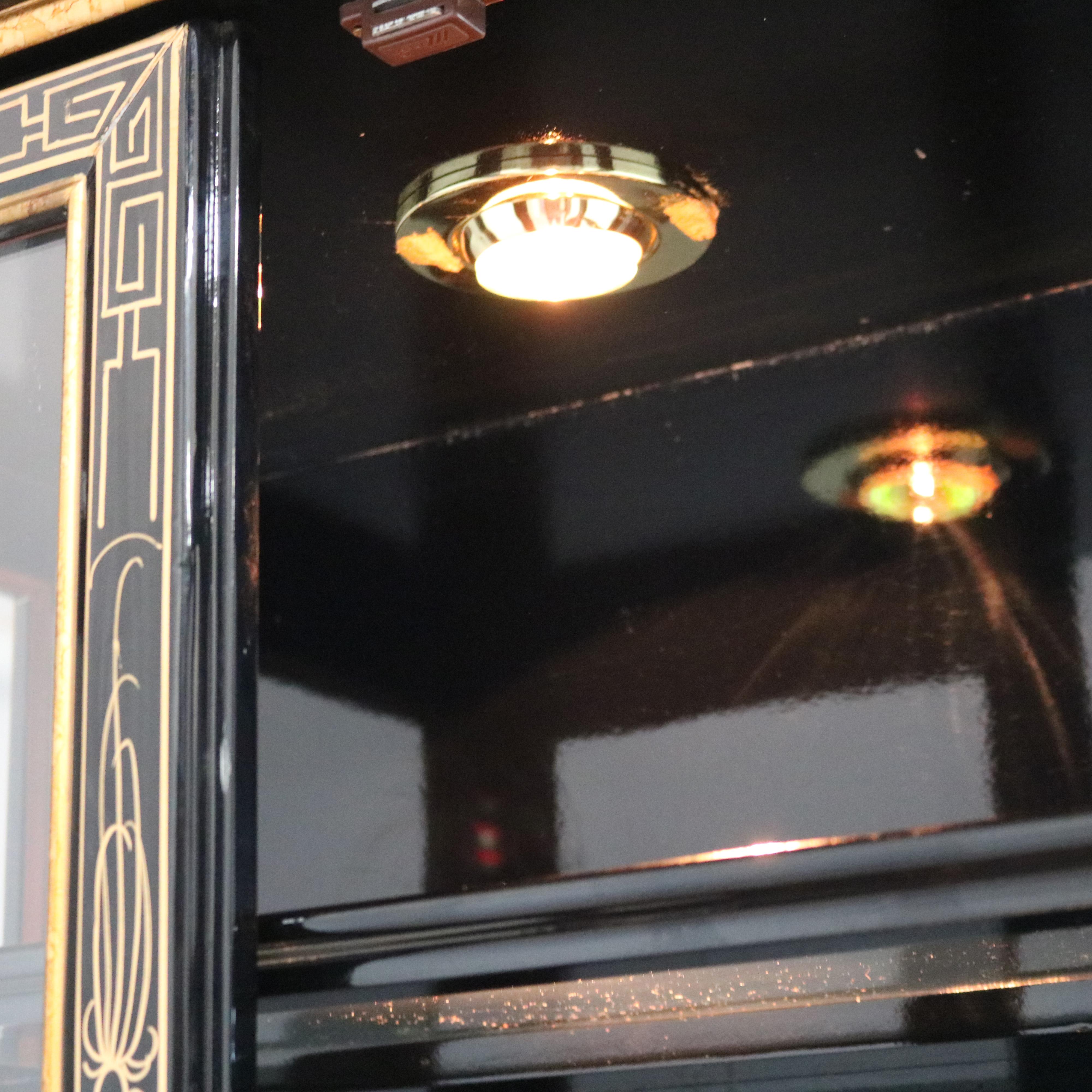 Chinese Chinoiserie Decorated, Black Lacquered & Lighted China Cabinet C1950 1