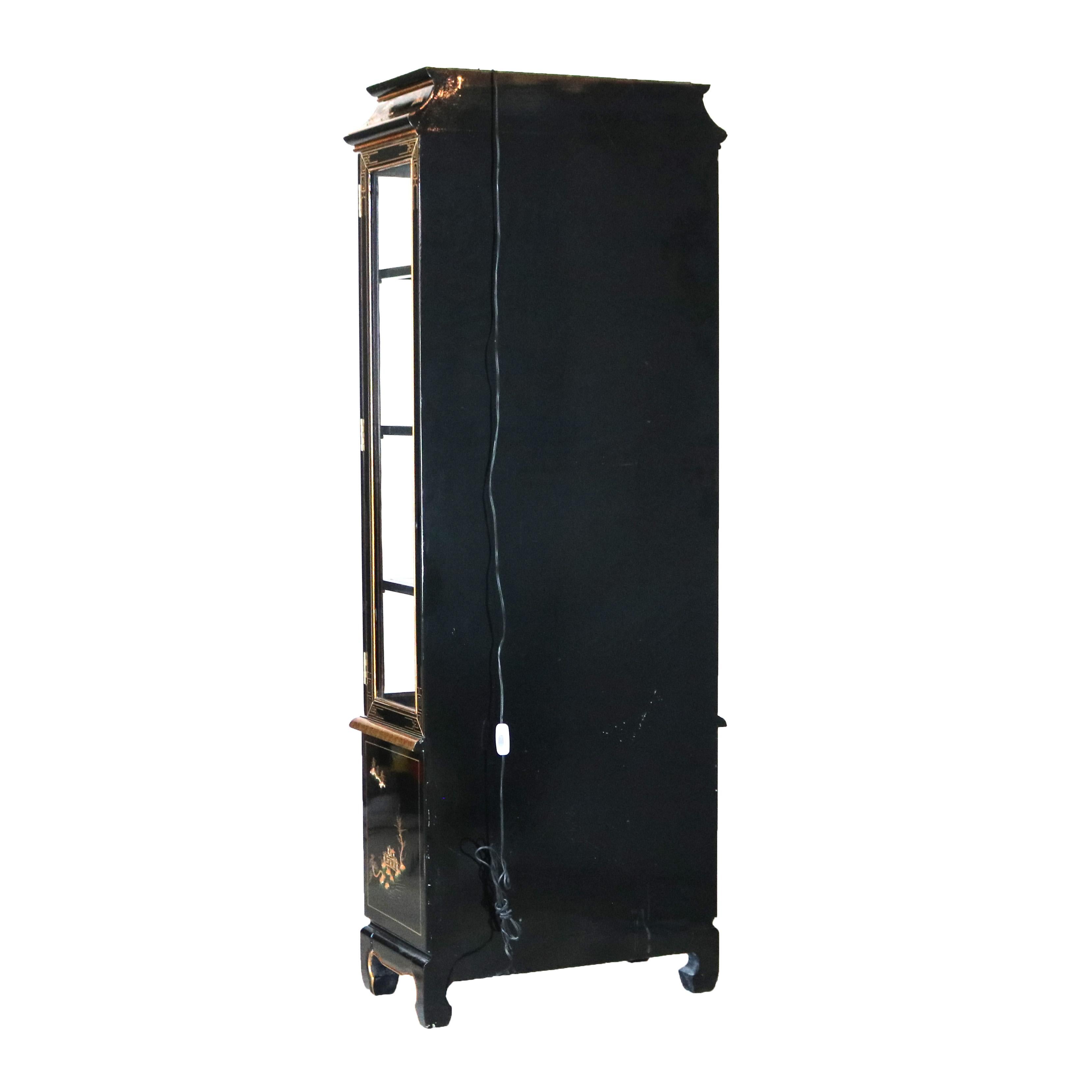Chinese Chinoiserie Decorated, Black Lacquered & Lighted China Cabinet C1950 2