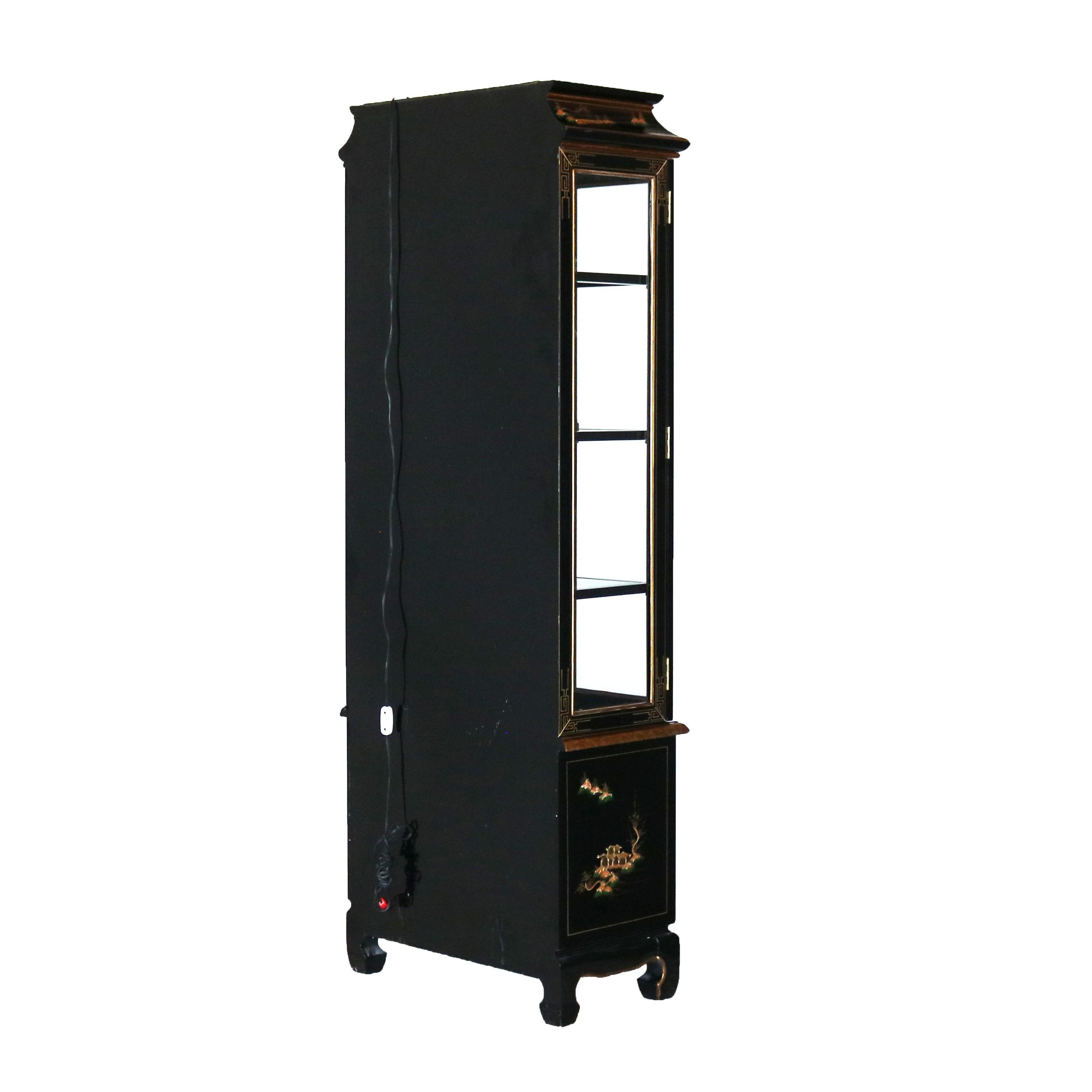 Chinese Chinoiserie Decorated, Black Lacquered & Lighted China Cabinet C1950 3