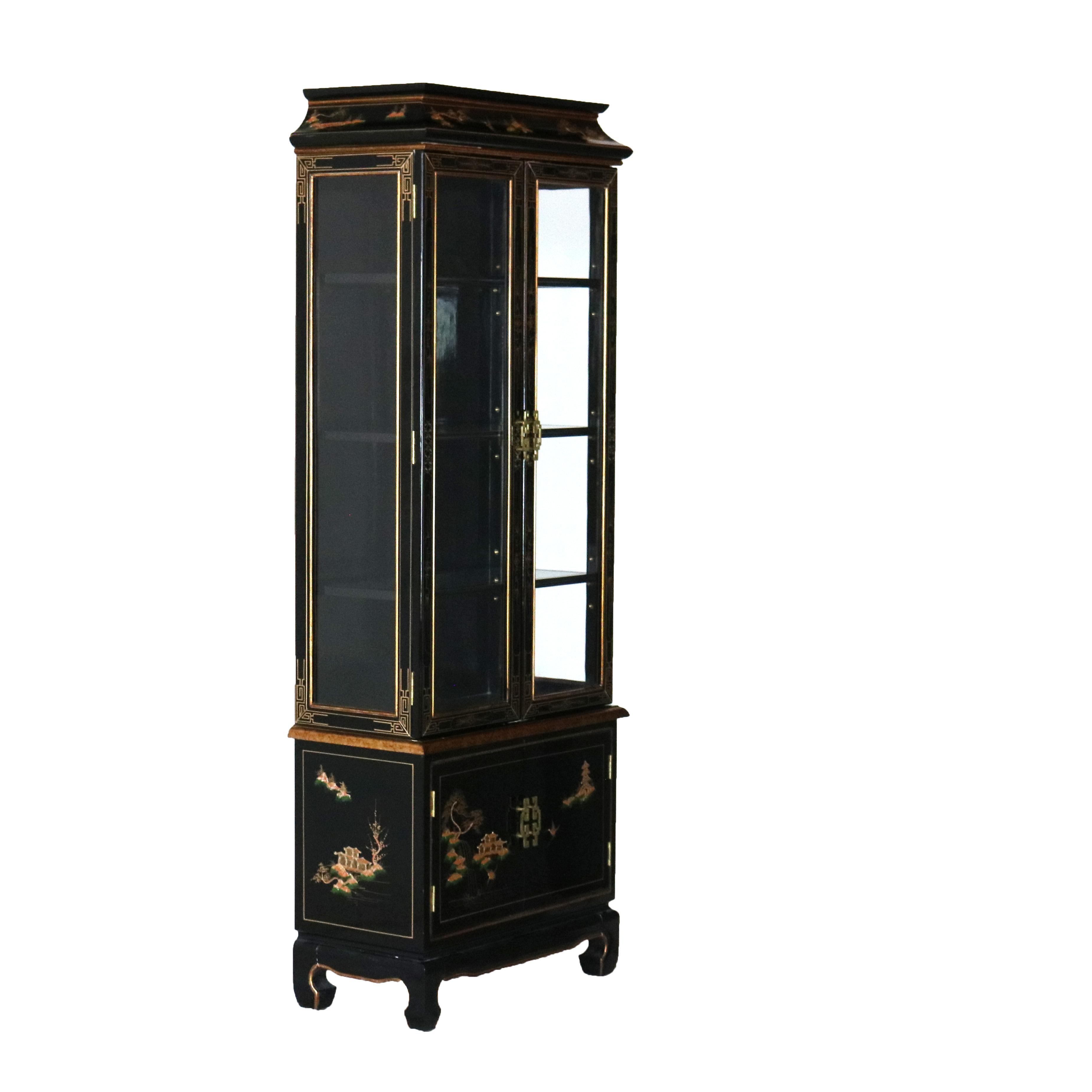 Chinese Chinoiserie Decorated, Black Lacquered & Lighted China Cabinet C1950 4