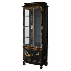 Chinese Chinoiserie Decorated, Black Lacquered & Lighted China Cabinet C1950