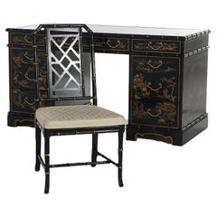Chinese Chinoiserie Decorated Ebonized & Gilt Wood Kneehole Desk & Chair 20thC