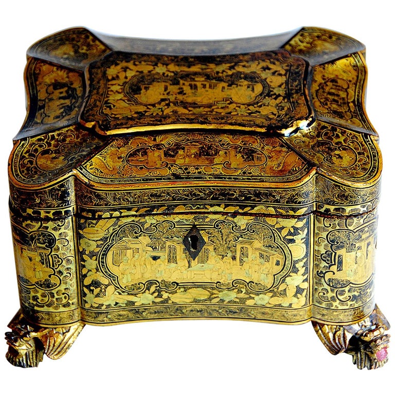 Chinese Chinoiserie Decorated Footed Tea Caddy with Pewter Interior Tea Boxes at 1stDibs