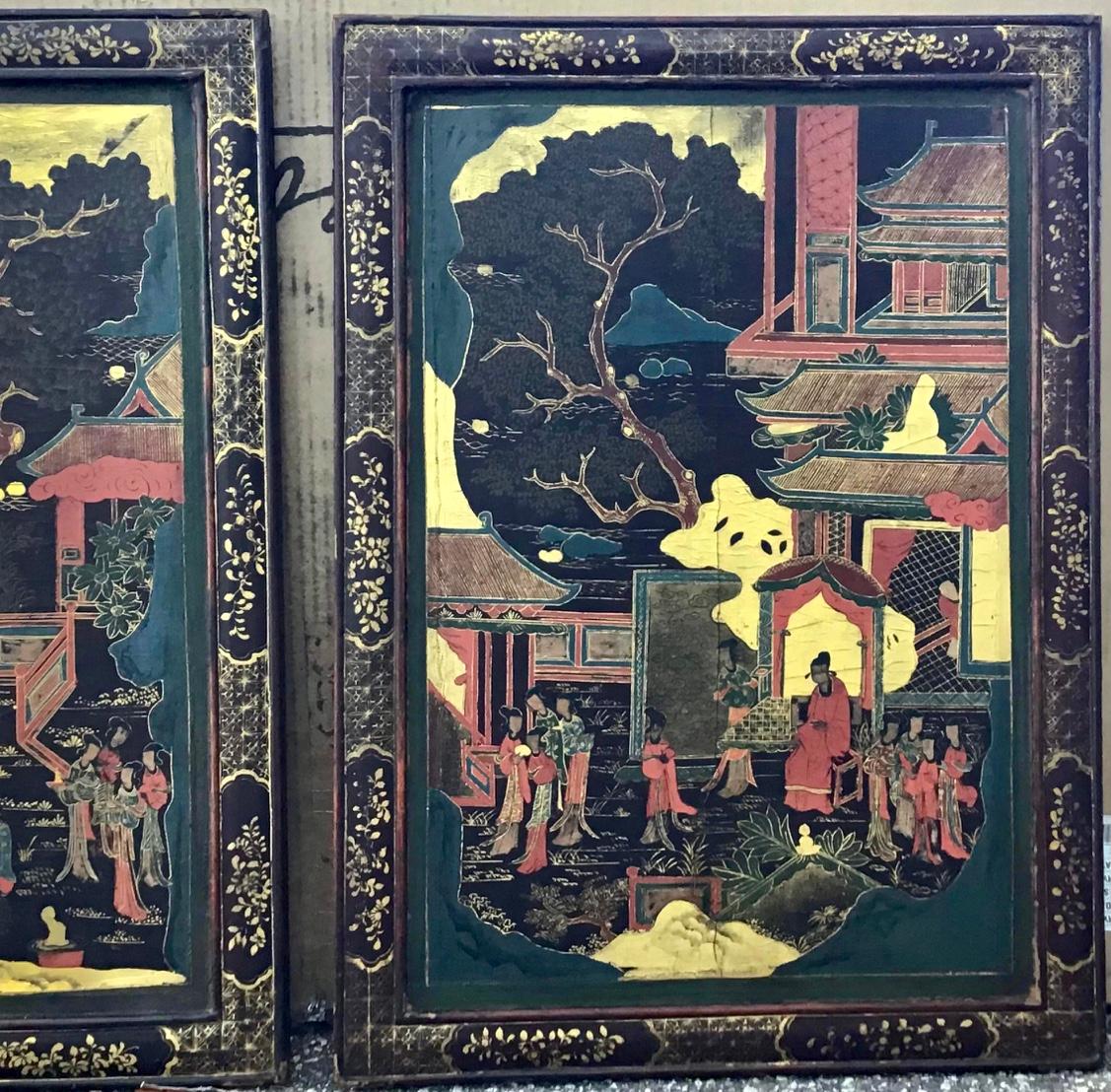 Pair of stylish Chinoiserie panels in a lacquer finish, painted in gold, red & black with landscapes with village and people. The frame also decorated with wonderful gilt detailed design. 19th Century, Chinese.
