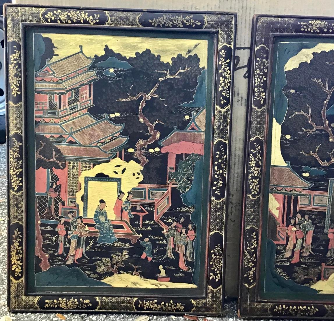 Chinese Chinoiserie Decorated Lacquer Panels, a Pair In Good Condition For Sale In Bradenton, FL