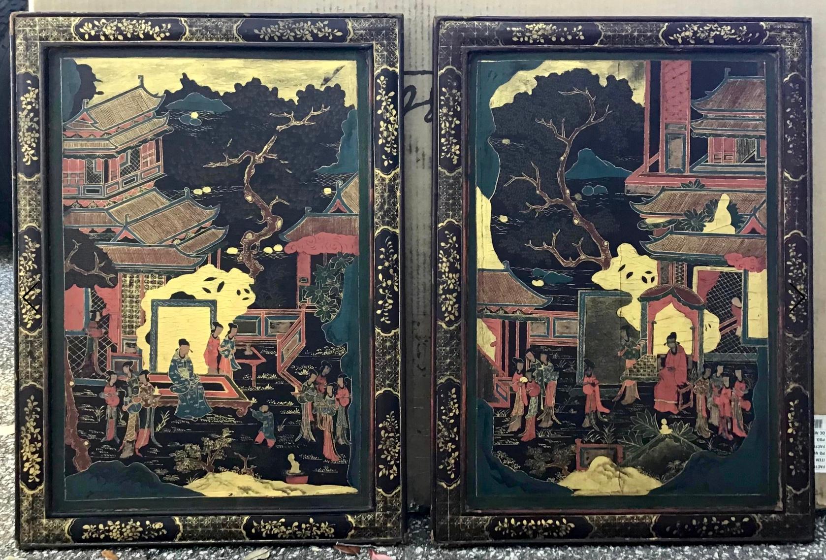 Chinese Chinoiserie Decorated Lacquer Panels, a Pair For Sale 4