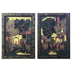 Chinese Chinoiserie Decorated Lacquer Panels, a Pair