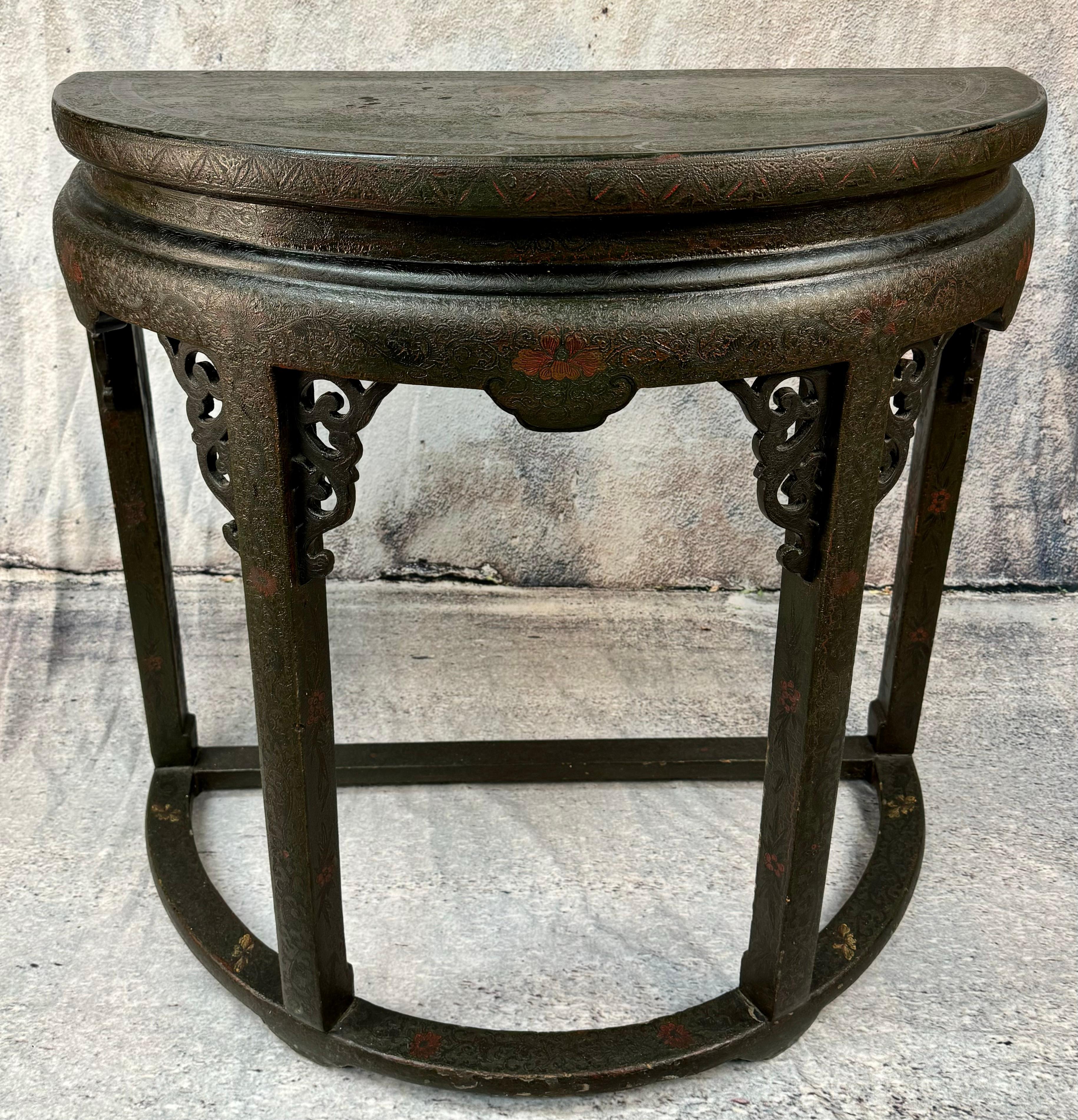 Hand-Painted Chinese Chinoiserie Demilune Table  For Sale