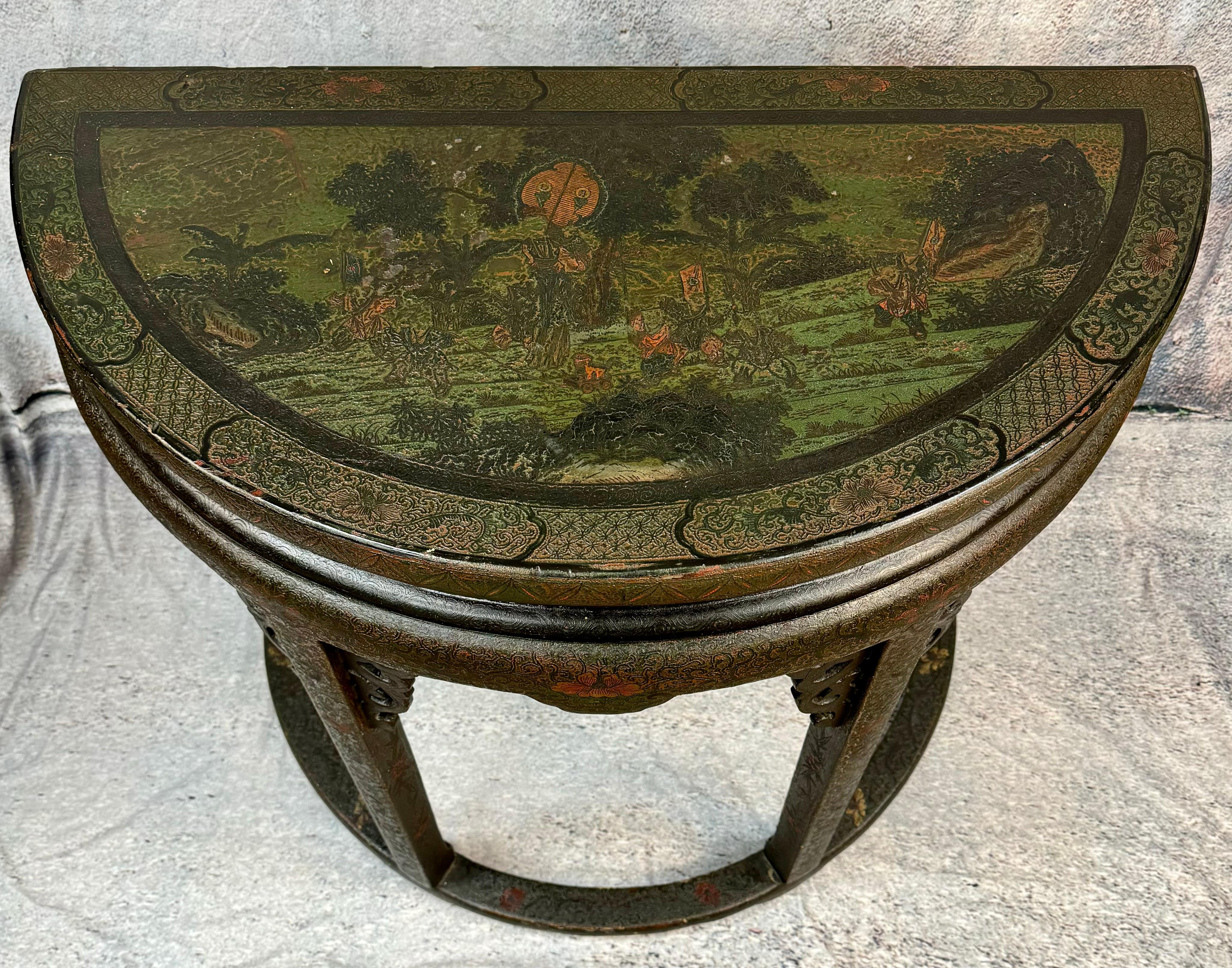 Wood Chinese Chinoiserie Demilune Table  For Sale