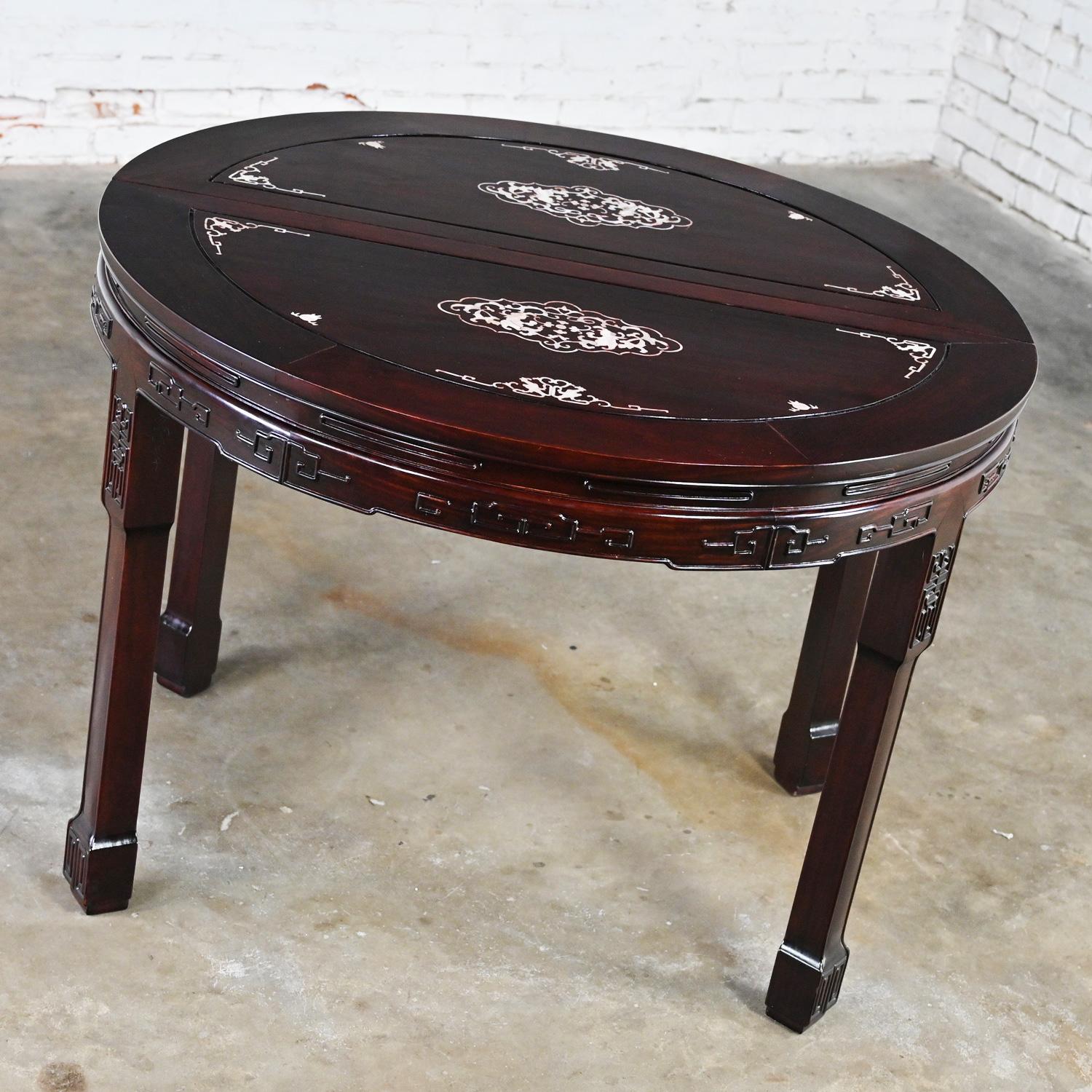 Chinese Chinoiserie Dining Table Rosewood & Mother of Pearl Round to Oval  For Sale 2