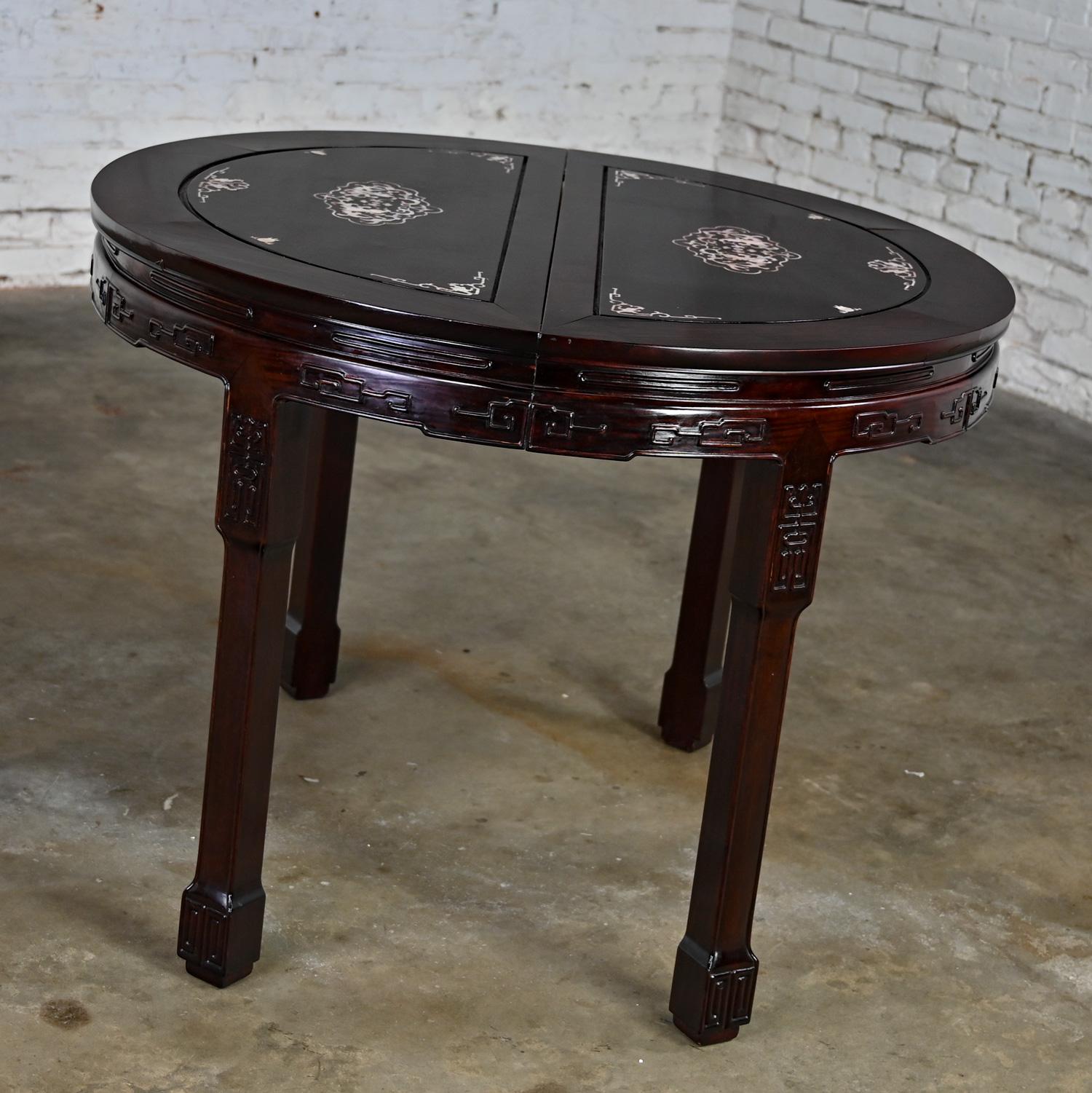 Chinese Chinoiserie Dining Table Rosewood & Mother of Pearl Round to Oval  For Sale 3