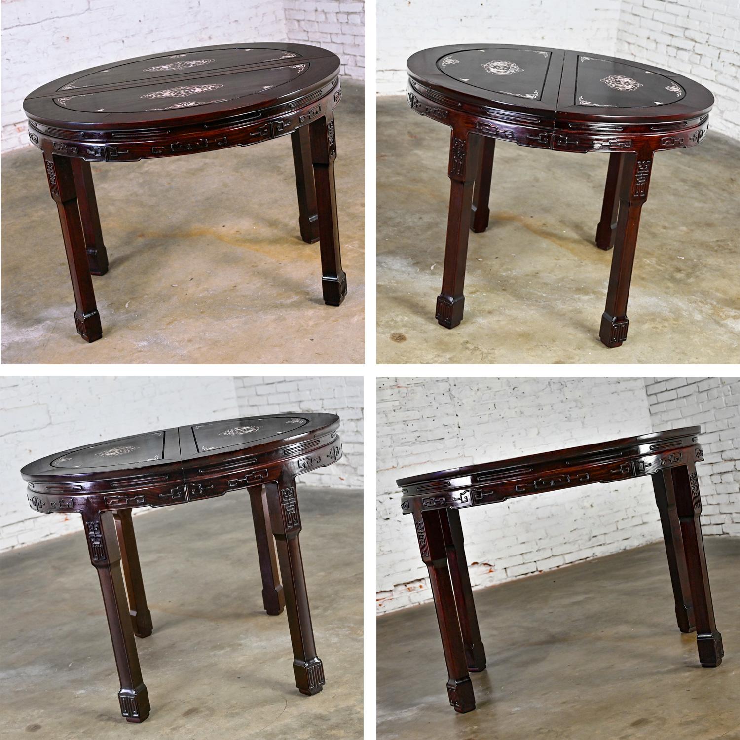 Chinese Chinoiserie Dining Table Rosewood & Mother of Pearl Round to Oval  For Sale 5