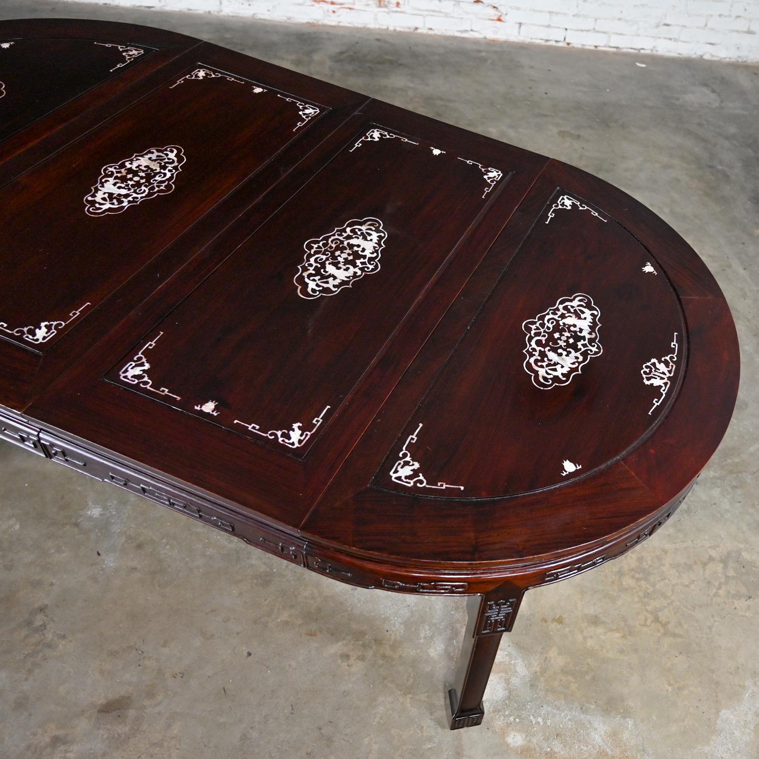 Chinese Chinoiserie Dining Table Rosewood & Mother of Pearl Round to Oval  For Sale 7