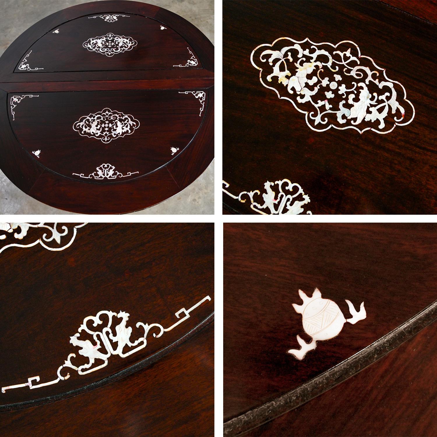 Chinese Chinoiserie Dining Table Rosewood & Mother of Pearl Round to Oval  For Sale 8