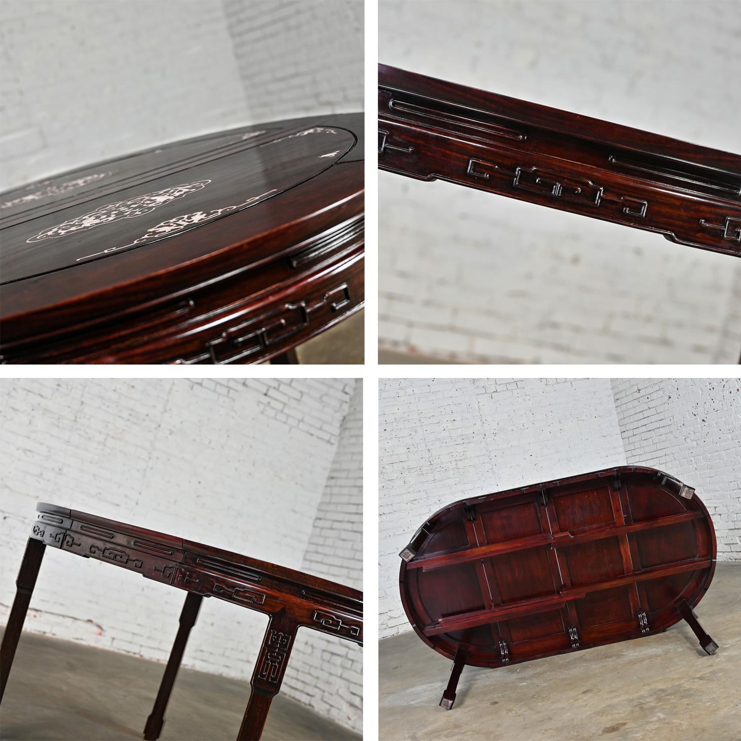 Chinese Chinoiserie Dining Table Rosewood & Mother of Pearl Round to Oval  For Sale 9