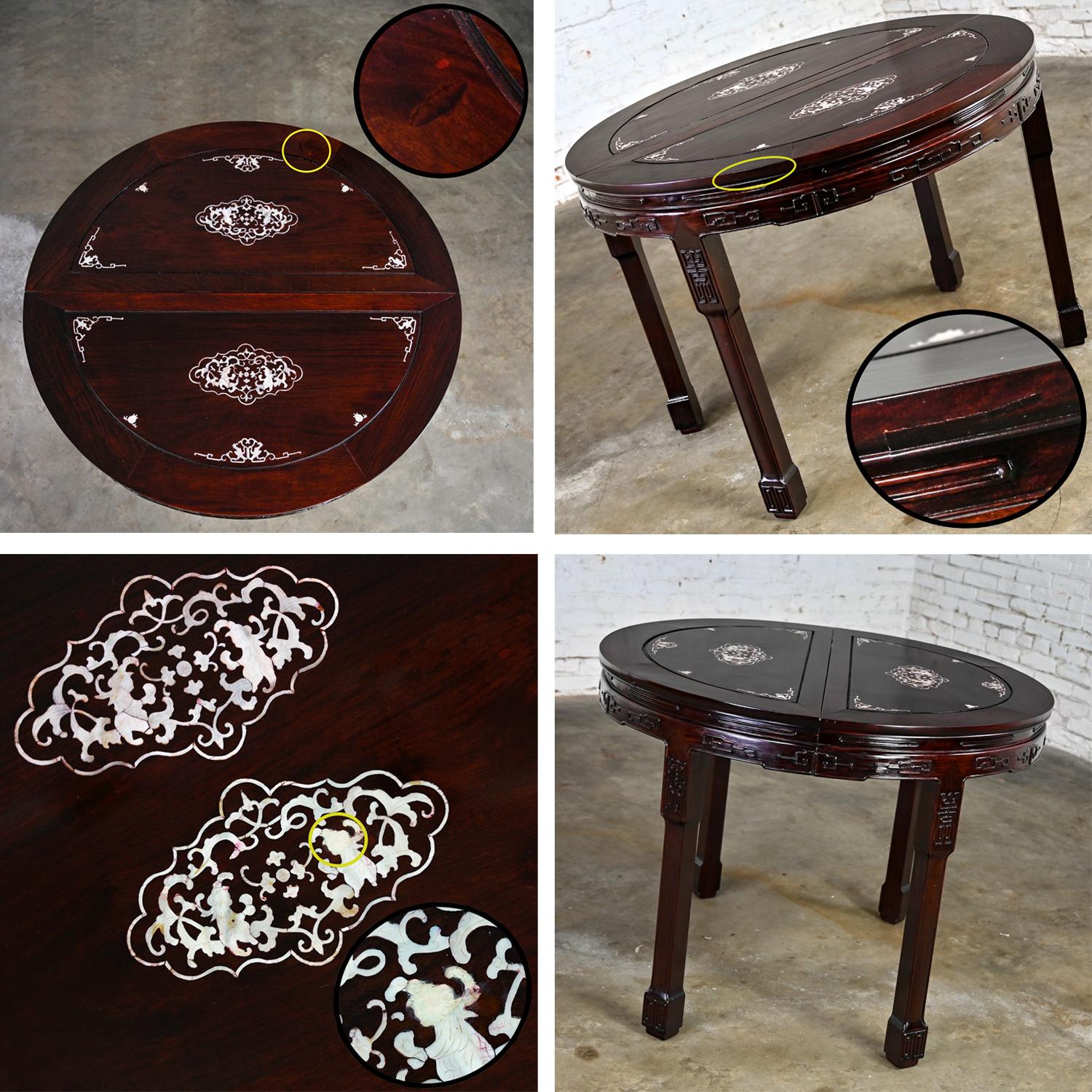 Chinese Chinoiserie Dining Table Rosewood & Mother of Pearl Round to Oval  For Sale 11