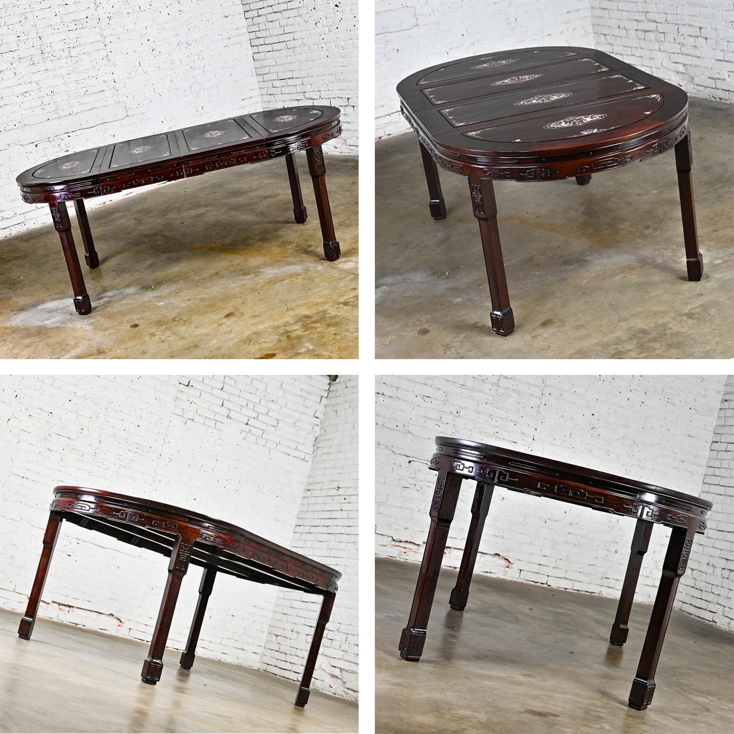 Chinese Export Chinese Chinoiserie Dining Table Rosewood & Mother of Pearl Round to Oval  For Sale