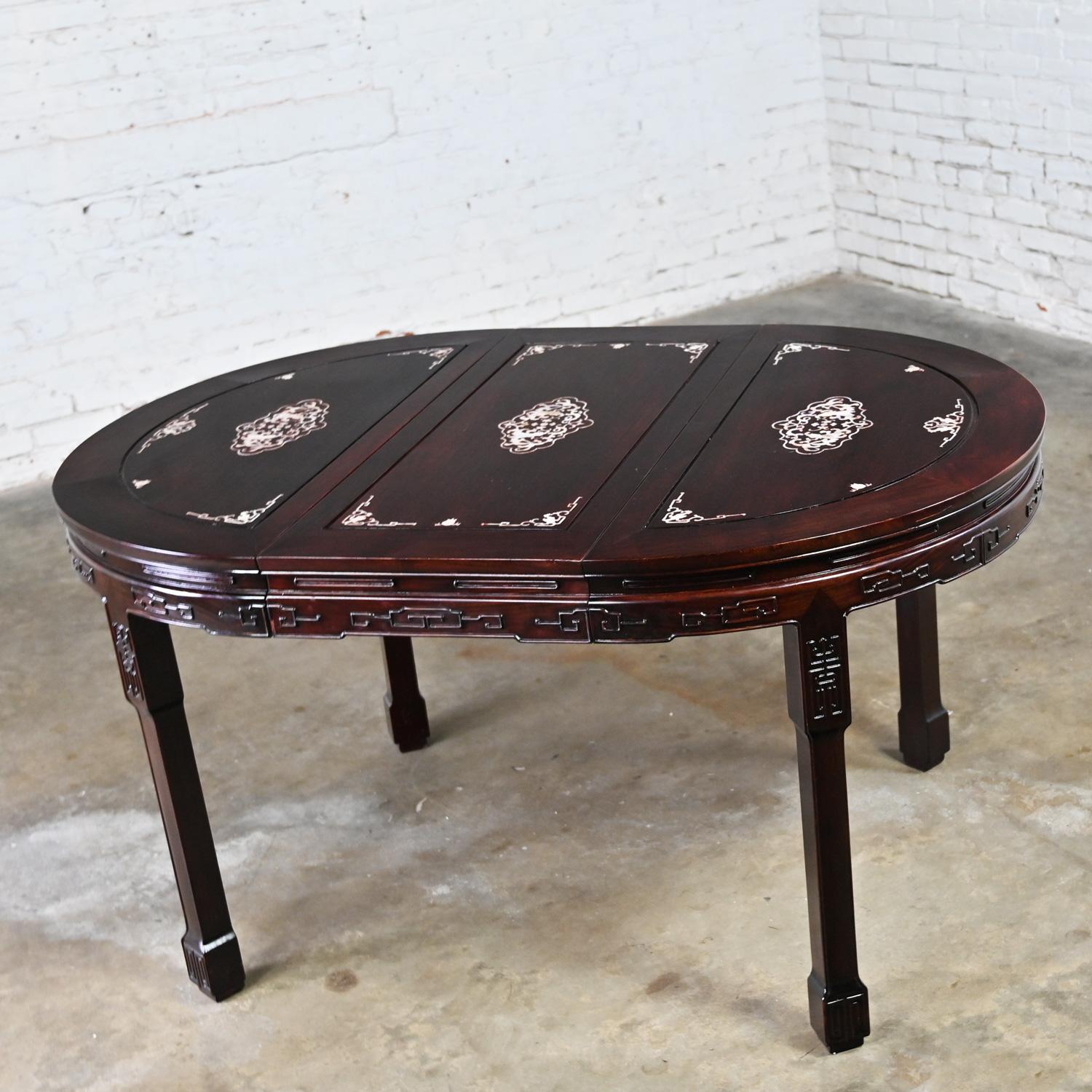 20th Century Chinese Chinoiserie Dining Table Rosewood & Mother of Pearl Round to Oval  For Sale