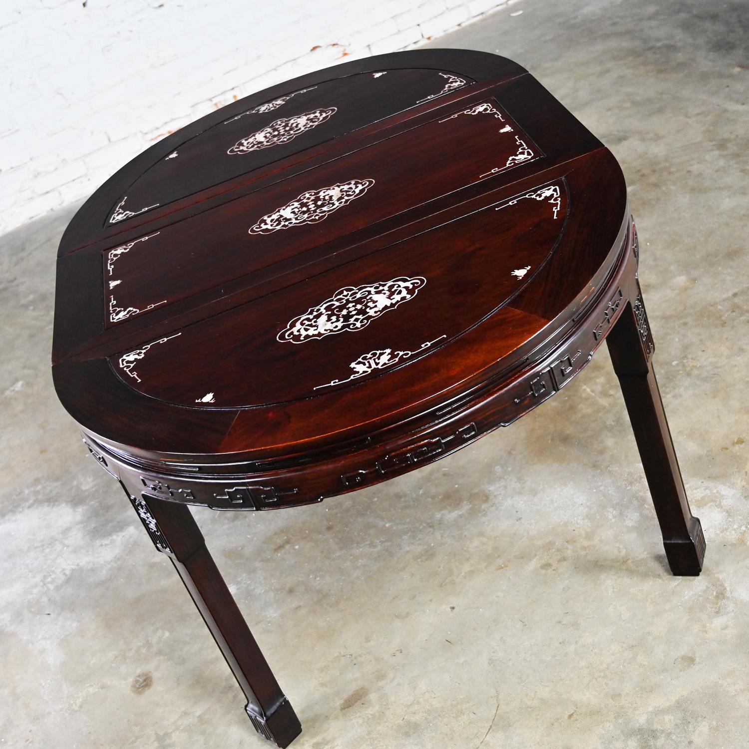 Mother-of-Pearl Chinese Chinoiserie Dining Table Rosewood & Mother of Pearl Round to Oval  For Sale