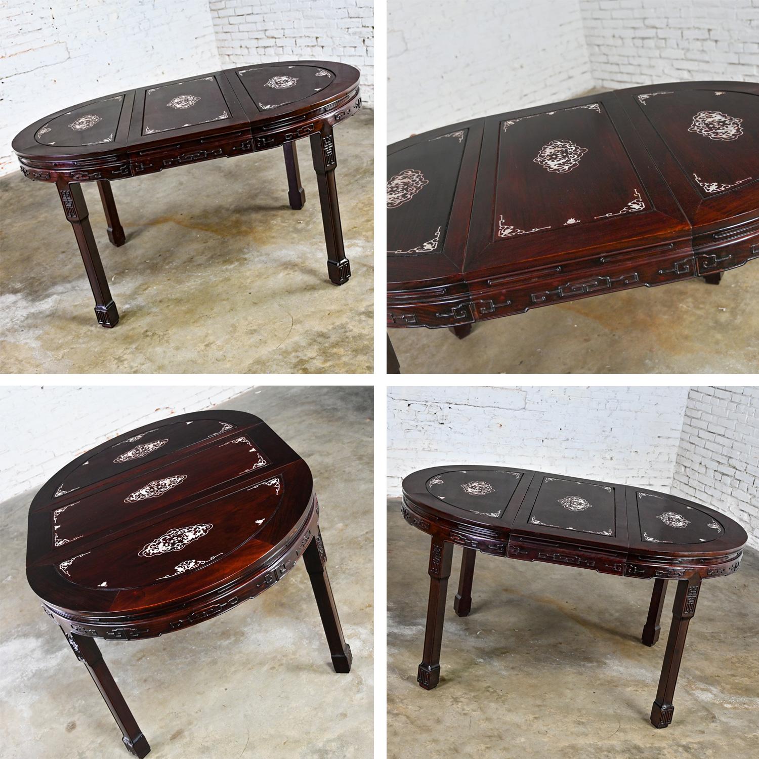 Chinese Chinoiserie Dining Table Rosewood & Mother of Pearl Round to Oval  For Sale 1
