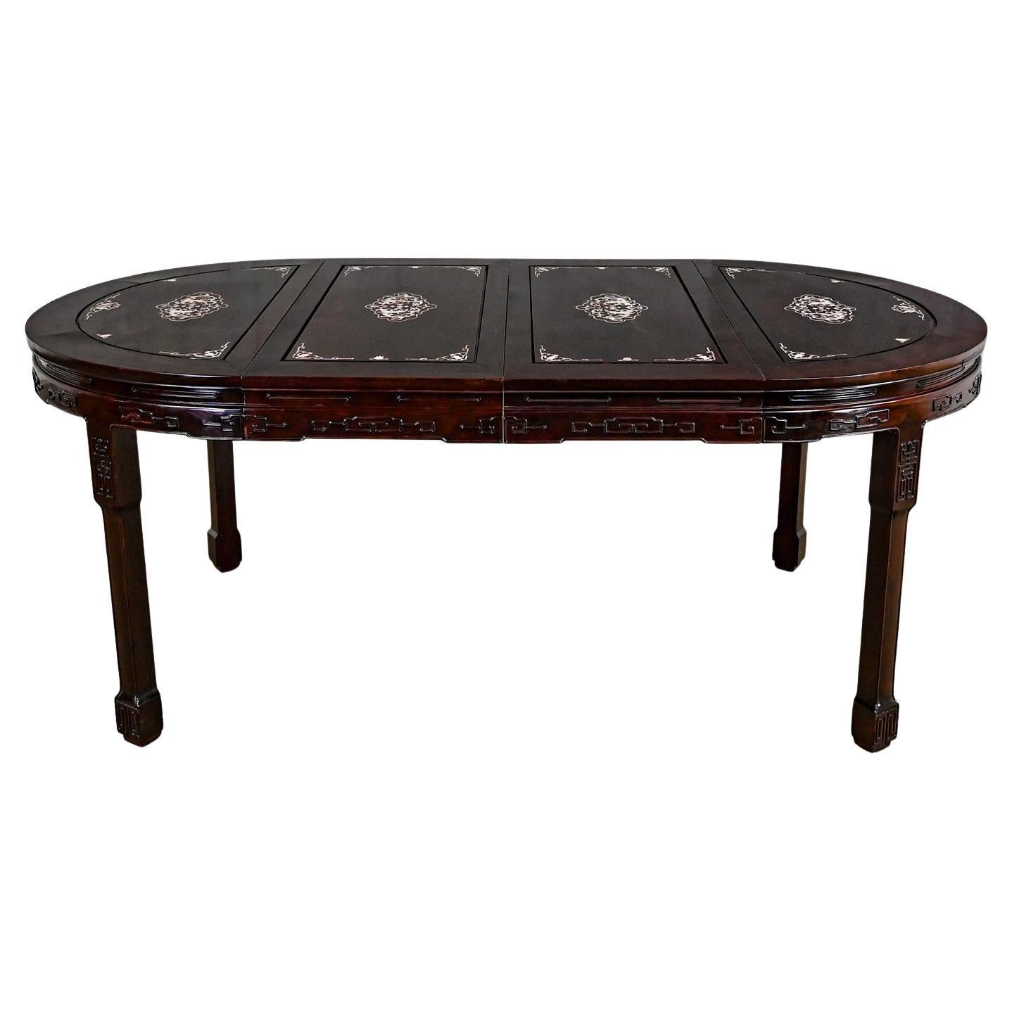 Chinese Chinoiserie Dining Table Rosewood & Mother of Pearl Round to Oval  For Sale