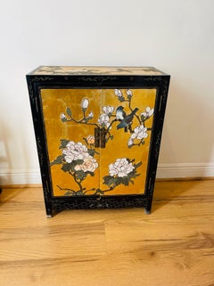 Chinese Chinoiserie Gold Lacquered Commode with Flowers and Birds