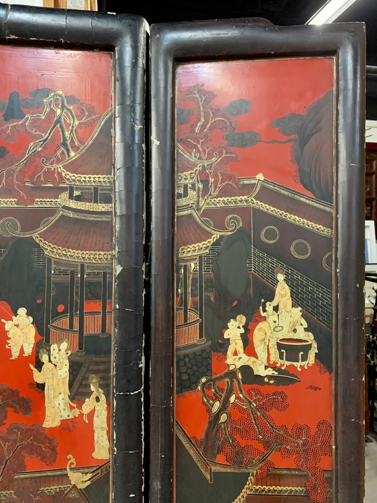 Chinese Chinoiserie Hand Painted Coromandel Screen Room Divider Painting Art For Sale 3