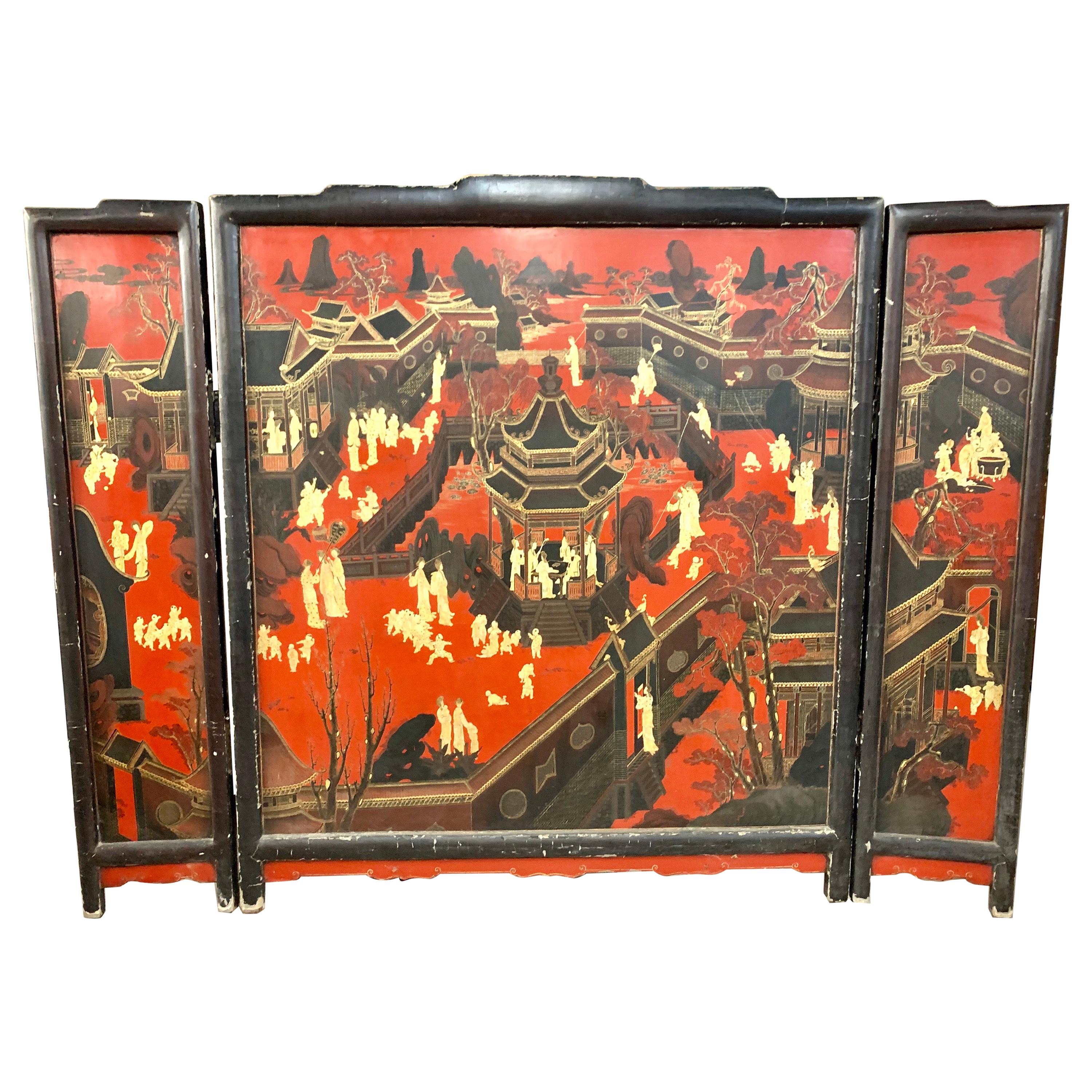 Chinese Chinoiserie Hand Painted Coromandel Screen Room Divider Painting Art