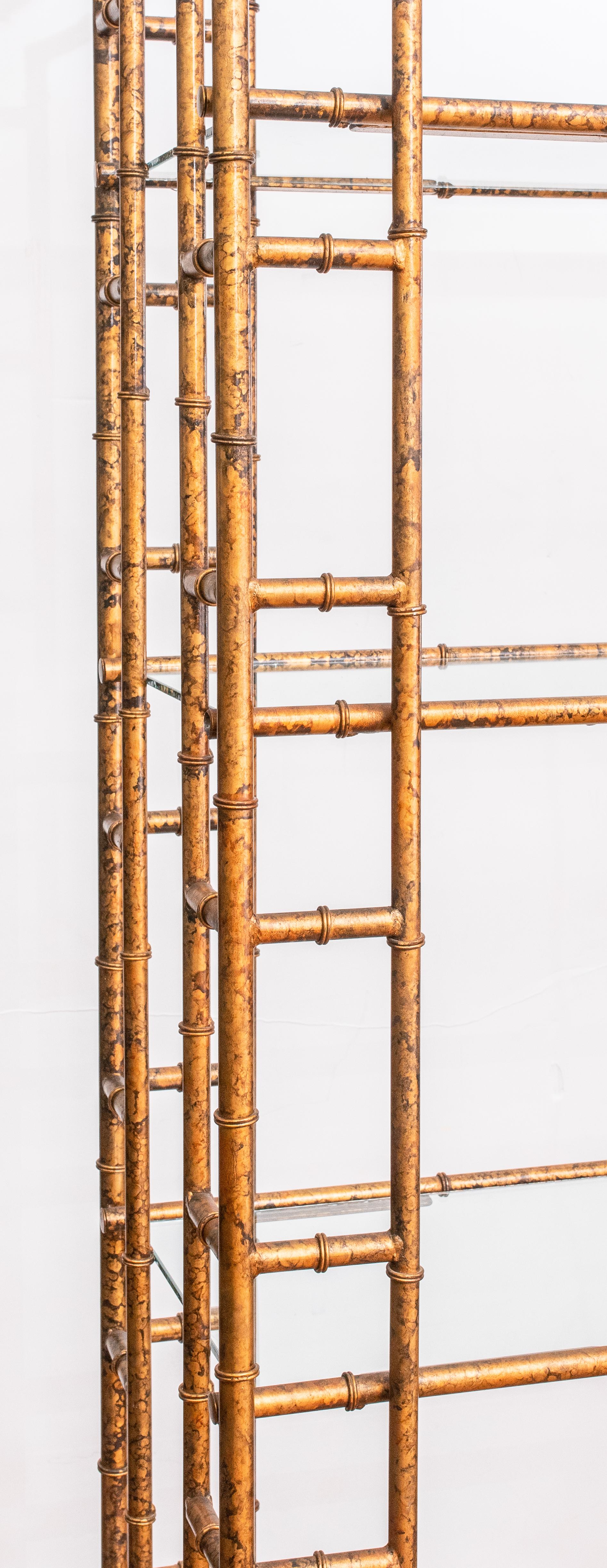Mid-Century Modern Chinese Chinoiserie Hand Painted Gold and Brown Metal Etagere
